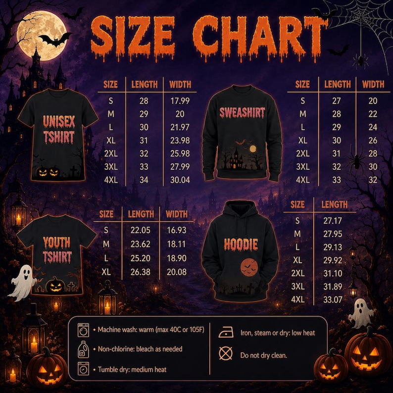 K&ouml;nnte beinhalten: Gr&ouml;&szlig;entabelle f&uuml;r Halloween-Bekleidung, einschlie&szlig;lich T-Shirts, Sweatshirts und Hoodies. Die Tabelle zeigt Ma&szlig;e f&uuml;r die Gr&ouml;&szlig;en S bis 4XL, mit L&auml;nge und Breite in cm. Pflegehinweise sind ebenfalls angegeben.