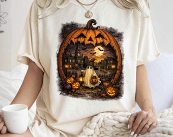 Pumpkin Halloweentown Polka Stripes Shirrt, Haunted Village Tee, Spooky Halloween Pumpkin Ghost T-Shirt: Haunted House Scene Graphic Tee