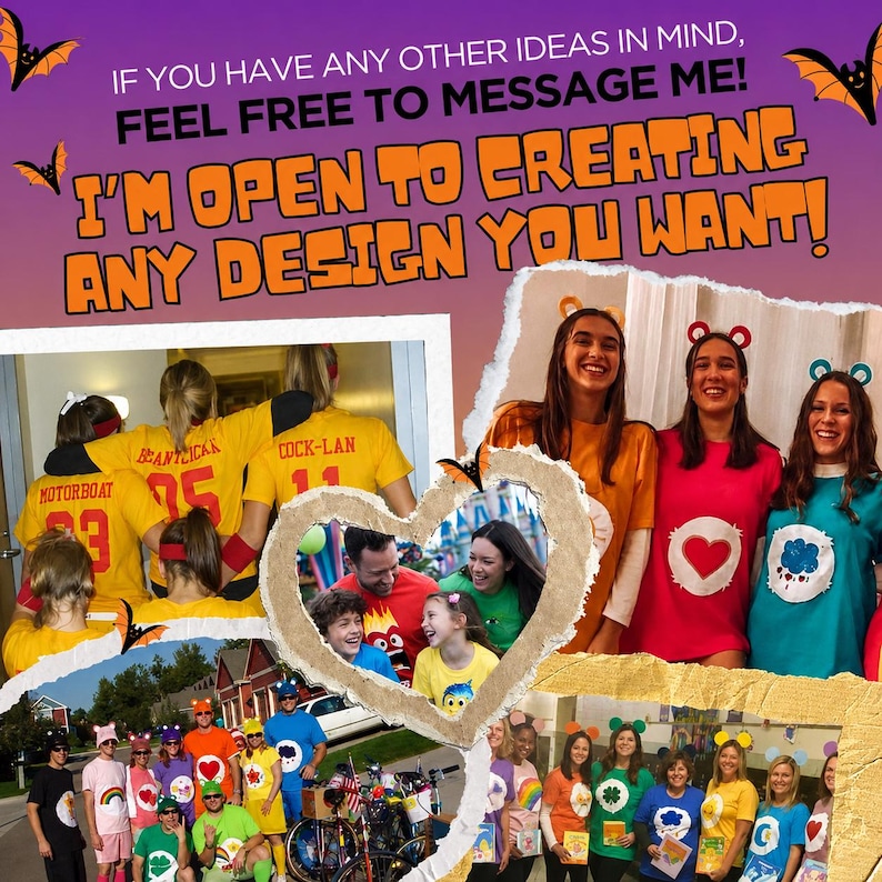 K&ouml;nnte beinhalten: Eine Collage mit Bildern von Menschen in verschiedenen Kost&uuml;men. Der Text in Orange lautet: &bdquo;WENN SIE ANDERE IDEEN HABEN, MELDEN SIE SICH GERNE BEI MIR! ICH BIN OFFEN F&Uuml;R DIE GESTALTUNG JEDES DESIGNS, DAS SIE M&Ouml;CHTEN!&ldquo; Kost&uuml;me sind Care Bears und Team-Shirts.