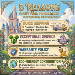 Puede incluir: Gr&aacute;fico ilustrado con el texto "5 RAZONES PARA COMPRAR EN PINKIDEASHOP". Destaca el env&iacute;o r&aacute;pido, el servicio excepcional, la pol&iacute;tica de garant&iacute;a y las contribuciones ecol&oacute;gicas. Se muestran ilustraciones de un castillo y personajes.