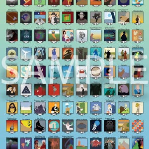 Puede incluir: Un póster con "TOP 100 BOARD GAMES" que muestra una cuadrícula de arte de cajas de juegos de mesa. Los juegos son diversos, con ilustraciones y títulos coloridos. El póster incluye el texto "SAMPLE" en el centro.