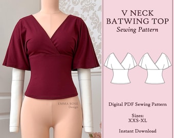 Batwing Top | V Neck| Short Sleeve | Digital PDF Sewing Pattern | Instant Download | Sizes: XXS-XL | Sewing Level - Confident Beginner