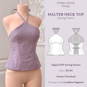 Halter Neck Top | Tie Back | Adjustable | Digital PDF Sewing Pattern | Instant Download | Sizes: XS-XL | Sewing Level - Confident Beginner