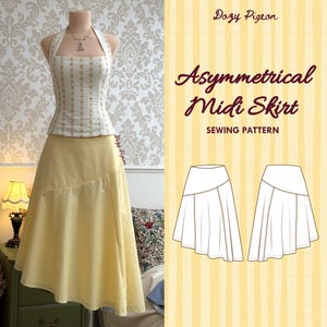 May include: A sewing pattern for an asymmetrical midi skirt by Dozy Pigeon. The image displays a yellow midi skirt on a mannequin, alongside a technical line drawing of the skirt design on a yellow striped background with the text Asymmetrical Midi Skirt.