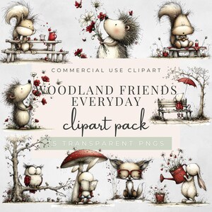 May include: A collection of whimsical woodland animal illustrations, including a squirrel, hedgehog, and fox, with the text "WOODLAND FRIENDS EVERYDAY clipart pack". The images feature soft colors and are suitable for commercial use.