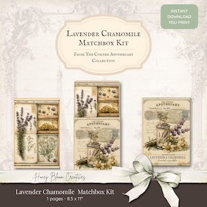 May include: A Lavender Chamomile Matchbox Kit digital download featuring vintage-style botanical illustrations of lavender and chamomile flowers, apothecary bottles, and script text. The kit includes printable pages measuring 8.5 by 11 inches.