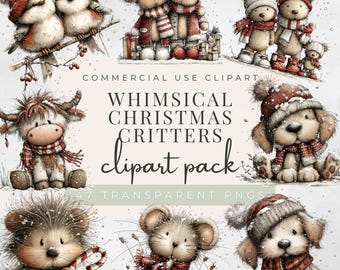 May include: A collection of whimsical Christmas critter clipart. The image features various illustrated animals, including birds, bears, a cow, a dog, a hedgehog, and a mouse, all wearing winter attire. The text "WHIMSICAL CHRISTMAS CRITTERS clipart pack" is also visible.