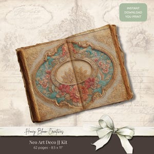 May include: An open book with ornate gold, teal, and coral floral embossed covers. The pages feature intricate decorative borders and a central oval frame. Text on the image includes: INSTANT DOWNLOAD YOU PRINT, Honey Bloom Creatures, Neo Art Deco JJ Kit, 62 pages - 8.5 x 11 inches.