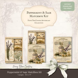Op de afbeelding: Een Peppermint & Sage luciferdoosjeskit als digitale download met botanische vintage illustraties van lavendel en kamille, apothekersflesafbeeldingen en tekstlabels op een crèmekleurige achtergrond, met afmetingen van 21,59 bij 27,94 cm.