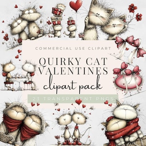 May include: A digital clipart pack featuring whimsical cat illustrations with Valentine's Day themes. The artwork includes cats holding gifts, balloons, and bows, with hearts and floral accents. Text reads "Quirky Cat Valentines clipart pack".