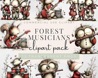 Imágenes prediseñadas de músicos del bosque, 13 animales del bosque tocando música, ilustración de cuentos, adorables PNG de bandas del bosque