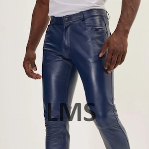 New  Men&#39;s Genuine Sheep Leather Pants - Blue Handmade Leather Pants for Man - Leather Jeans - Handmade Leather Pants High Quality Leather