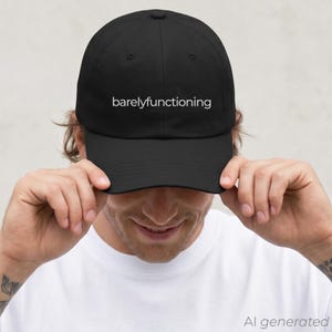 May include: Black baseball cap with the white text "barelyfunctioning" embroidered on the front. The cap has a curved brim and an adjustable strap at the back. The cap is being held by a person.