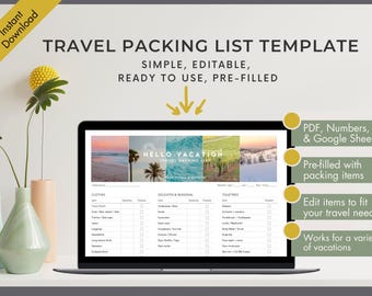 Travel Packing List Planner Digital Vacation Packing List Template Editable Holiday Checklist Spreadsheet Packing Template Google Sheets