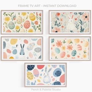 May include: Five printable digital art prints featuring Easter-themed patterns with bunnies, eggs, and flowers in a variety of colours, including yellow, blue, pink, and green. The prints are framed in a simple white frame.