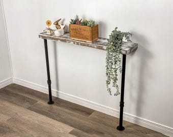 Rustic Narrow Console Table with Industrial Legs | Distressed Wood Shelving | Accent Table | Farmhouse Side Table | Living Room Sofa Table