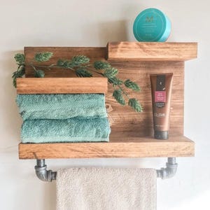Rustic Bathroom Shelf with Industrial Towel Bar | Farmhouse Decor | SteamPunk | Country Rustic Storage | Towel Rack