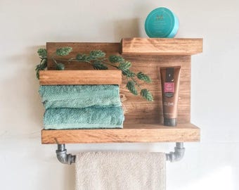 Rustic Bathroom Shelf with Industrial Towel Bar | Farmhouse Decor | SteamPunk | Country Rustic Storage | Towel Rack