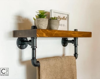 Industrial Towel Holder with Shelf | Farmhouse Rustic Home Decor | Towel Holder and Shelf for Kitchen Bathroom Accessories