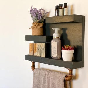 Rustic Bathroom Shelf with Industrial Towel Bar | Farmhouse Decor | SteamPunk | Country Rustic Storage | Towel Rack