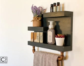 Rustic Bathroom Shelf with Industrial Towel Bar | Farmhouse Decor | SteamPunk | Country Rustic Storage | Towel Rack