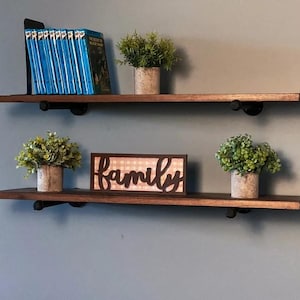 Industrial Pipe Shelf 12&quot; Depth | Rustic Wood Pipe Shelves | Pipe Shelving | Floating Shelf | Home Storage and Organization | 12&quot; Depth