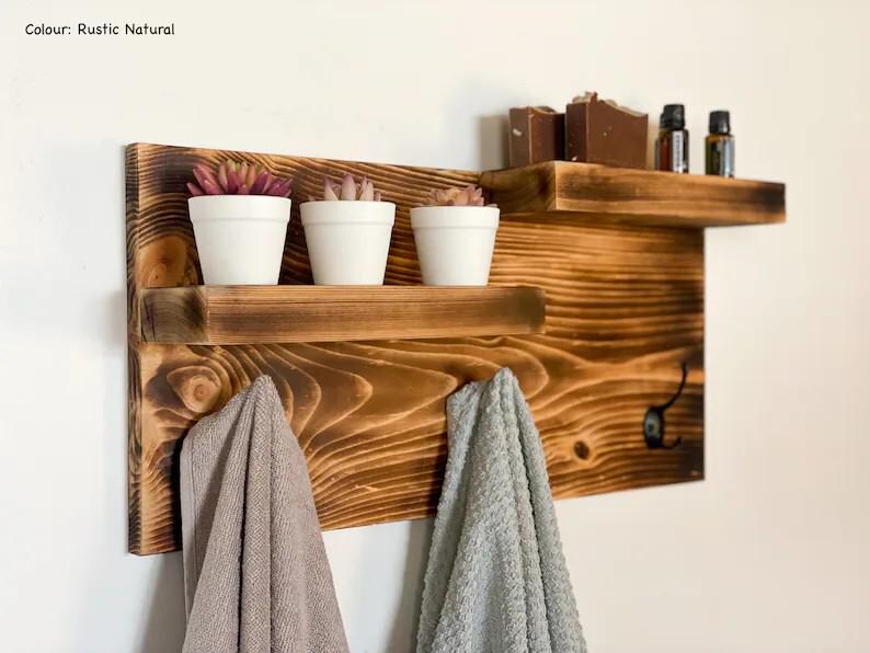 Set of 2 Brown Rustic Floating Shelves with Hooks and Towel Bar main image 1