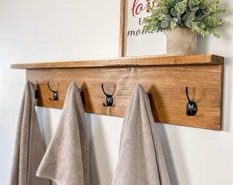 Rustic Towel Rack with Shelf | Handmade Rustic Coat Rack | Entryway Organization | Towel Hooks or Coat Hooks