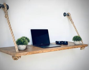 Escritorio rústico de pie / Escritorio con estantes de cuerda / Madera maciza / Escritorio con estantes de cuerda / Escritorio flotante / Escritorio industrial de pie