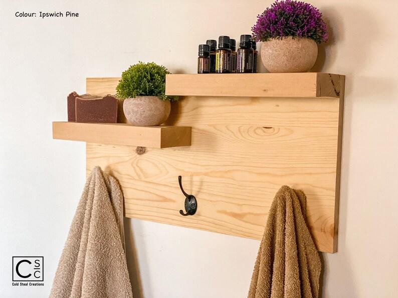 Set of 2 Brown Rustic Floating Shelves with Hooks and Towel Bar