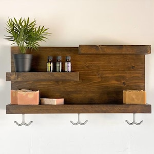Unique Bathroom Shelf with Industrial Towel Hooks | Farmhouse Decor | Country Rustic Storage | Toilet Paper Storage | Above Toilet Shelf