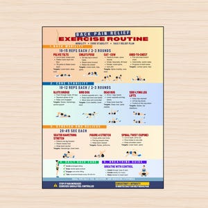 Back Pain Relief Exercises Printable | Lower Back Stretch Routine | Sciatica Relief Poster | Home Physio Routine | Mobility Wall Art PDF