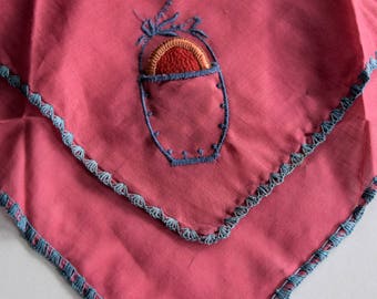 Vintage Hot Pink POWDER PUFF HANKIE Flapper Lady Colgate 1940s Hanky Pocket Handkerchief Blue Embroidery Ladies Embroidered Unused Women Nos