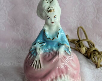 Victorian MARIE ANTOINETTE LAMP Pink Dress Boudoir French Blue Corset Bust Table Nightlight Vintage Lady Woman Ceramic Hand Holding Fan