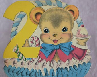 NORCROSS Happy BIRTHDAY CARD 2nd Baby Cupcake Liner Basket Blue Die Cut 1950s Child Children Paper Cup Cake Candy Teddy Bear Ice Cream Bow