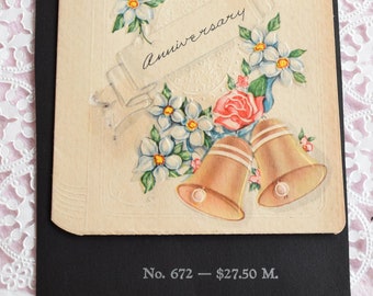 Vintage SALESMAN SAMPLE CARD Anniversary Greeting Best Wishes Health Happiness Wedding Bells Marchant Pink Rose Blue Floral Made Usa Unused