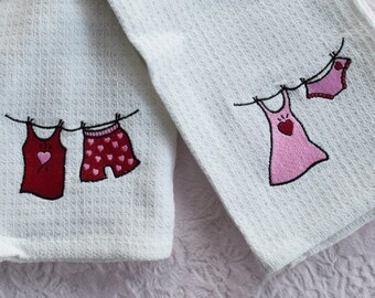 Vintage VALENTINE LINGERIE TOWEL Set Risque Appliqued Embroidery Pin up Girl Lady Red Pink Guest Hand Heart Slip Panties Boxer Camisole Nos