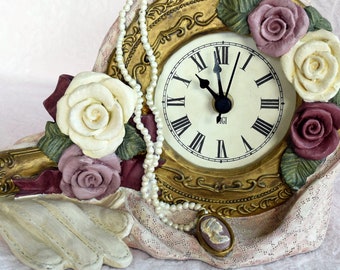 Victorian Figural Hand Mirror FIGI GRAPHIC CLOCK Pink Floral Flower Roses White Burgundy Battery Operated Pearl Cameo Necklace Vanity Quartz