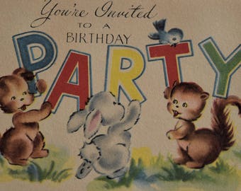 Vintage BIRTHDAY PARTY INVITATION Card Invite Bunny Rabbit Squirrel Puppy Dog 1950s Children Child Forget Me Not Greeting Juvenile Kid Bird