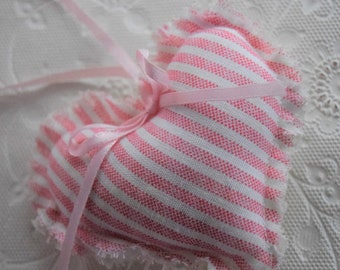 HEART Shape VALENTINE ORNAMENT Pink Striped Floral Fabric Ribbon Cabbage Rose Floral Flowers Door Hanger Valentines Day Shaped Cloth Bow