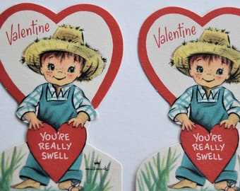 2 Vintage HALLMARK VALENTINE CARD 1950s Lot Pair Overall Straw Hat Girl Country Boy Paper Red Heart Grade School Child Kid Children Trading