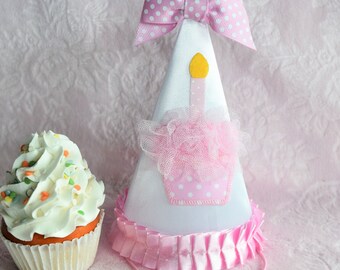 BIRTHDAY PARTY HAT Princess Girl Cupcake Yellow Candle Pink Dot Bow Satin Ruffle Tulle Trim First 1st Candy Pink Cup Cake Child Children Kid