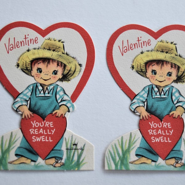 2 Vintage HALLMARK VALENTINE CARD 1950s Lot Pair Overall Straw Hat Girl Country Boy Paper Red Heart Grade School Child Kid Children Trading