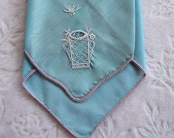 Vintage Aqua Blue COLGATE POCKET HANDKERCHIEF Pink Trim Flapper Lady 1940s Hanky Embroidery Ladies Embroidered Lipstick Perfume Holder Woman