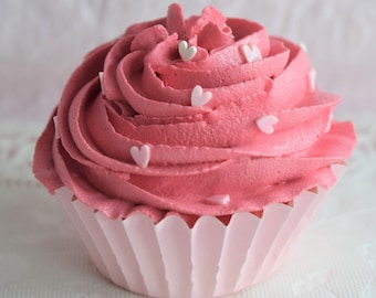 FAKE Bake VALENTINE CUPCAKE Red Swirl Heart Shape Sprinkles Topper Pink Paper Liner Baking Cup Faux Food Dessert Birthday Party  Display