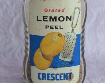 Vintage CRESCENT Grated LEMON Peel DECORS Cookie Cupcake Baking Glass Bottle Cooking Kitchen Jar Flavoring Flavor Grater Fruit Blue Graphics