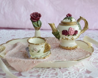 DESSERT TRAY ORNAMENT Pink Rose Teapot Teacup Saucer Vase Lace Cloth Christmas Tree Decoration Plate Miniature Mini Tea Cup Pot Flower Spoon