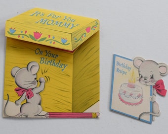 Vintage NORCROSS Happy BIRTHDAY CARD Double Wish Die Cut 1950s Child Children Paper Cake Mouse Mice Recipe File Box Mommy Diecut 50s Signed