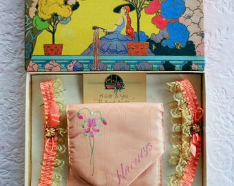 Vintage ART DECO FLAPPER Lady Silk Ribbonwork Garter Hankie Holder Hanky Keeper Handkerchief Box Case Hand Painted Woman Graphic Unused Mint