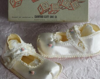 Vintage GERTRUDE BABY SHOES Infant Pink Rose Bud Lace Ruffle Original Box Unused Unworn Doll Clothing 1940s Crib Booties Hand Embroidered